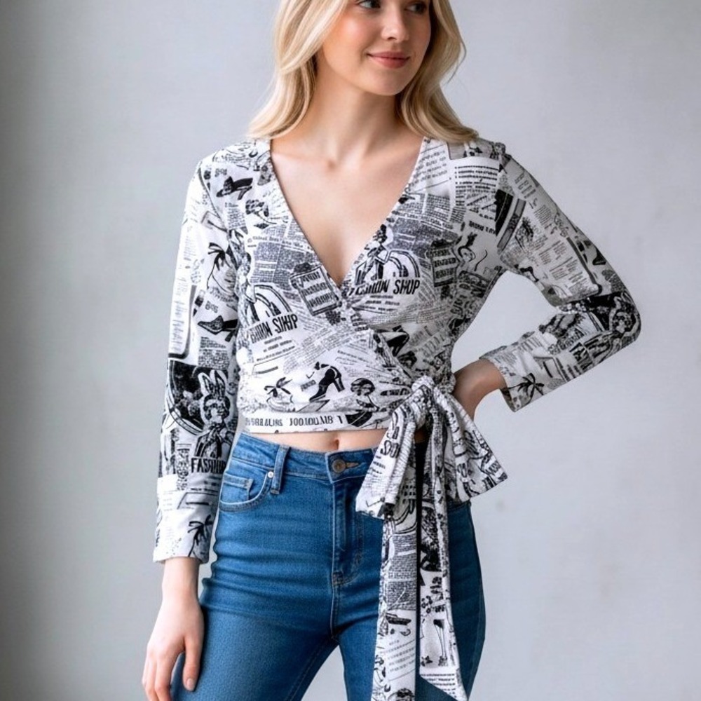 No Comment NY-LA Vintage Newspaper Print Wrap Crop Top Black White Large